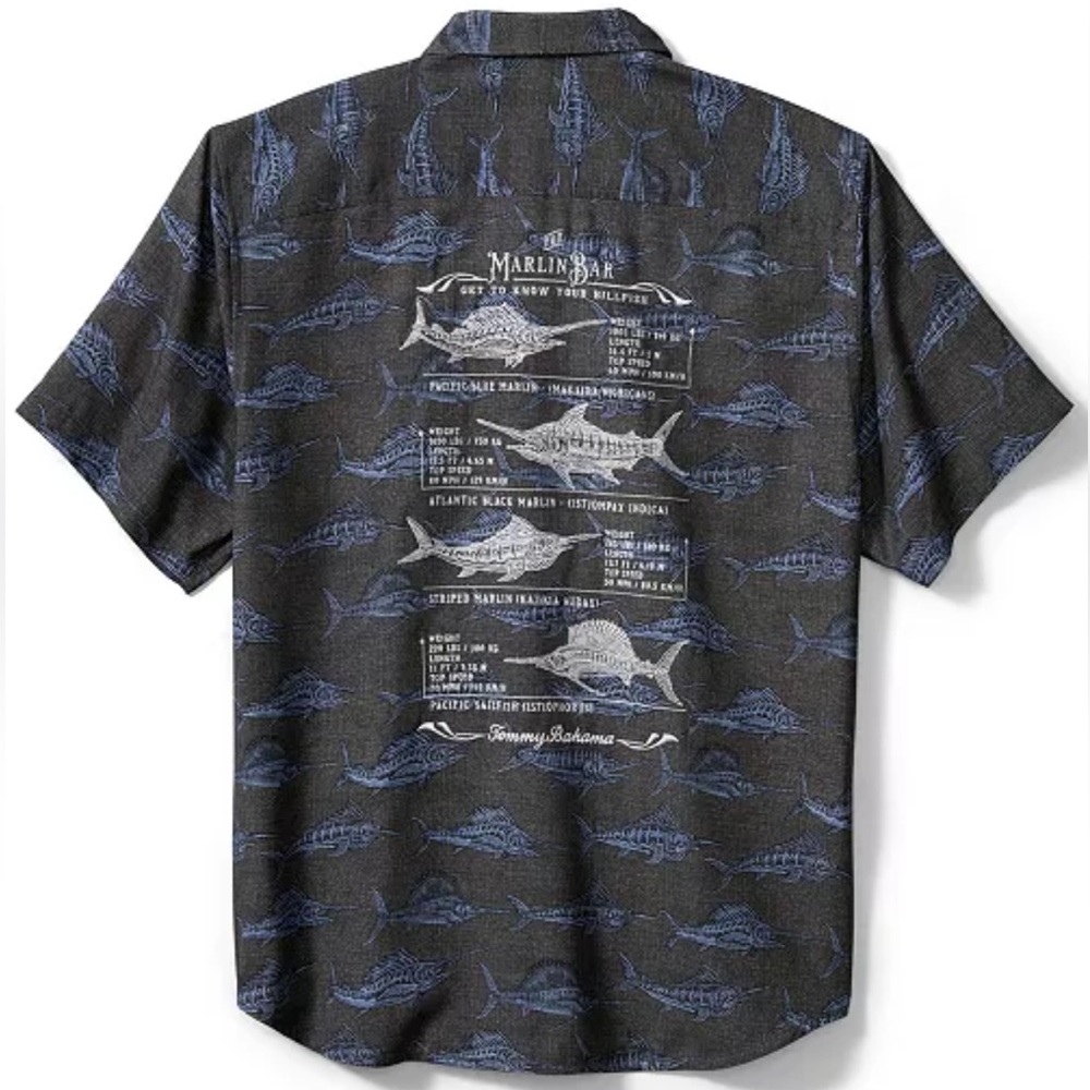 NWT Tommy Bahama Silk Fish Embroidered Marlin Print Men's Button Collared Shirt